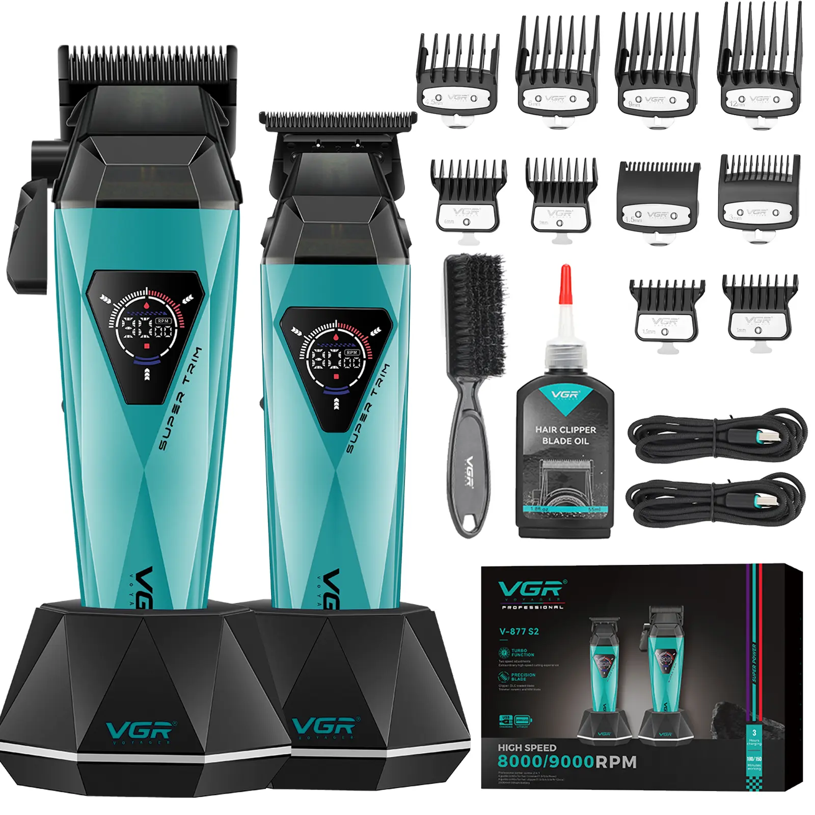 VGR877S2 Hair Clippers for Men 2in1 Professional Barber Clippers Combo Rechargeable Clipper&Trimmer Set with LED Display Charging Base 9000RPM Cordless DLC Blade  Durable Brush