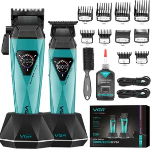 VGR877S2 Hair Clippers for Men 2in1 Professional Barber Clippers Combo Rechargeable Clipper&Trimmer Set with LED Display Charging Base 9000RPM Cordless DLC Blade  Durable Brush