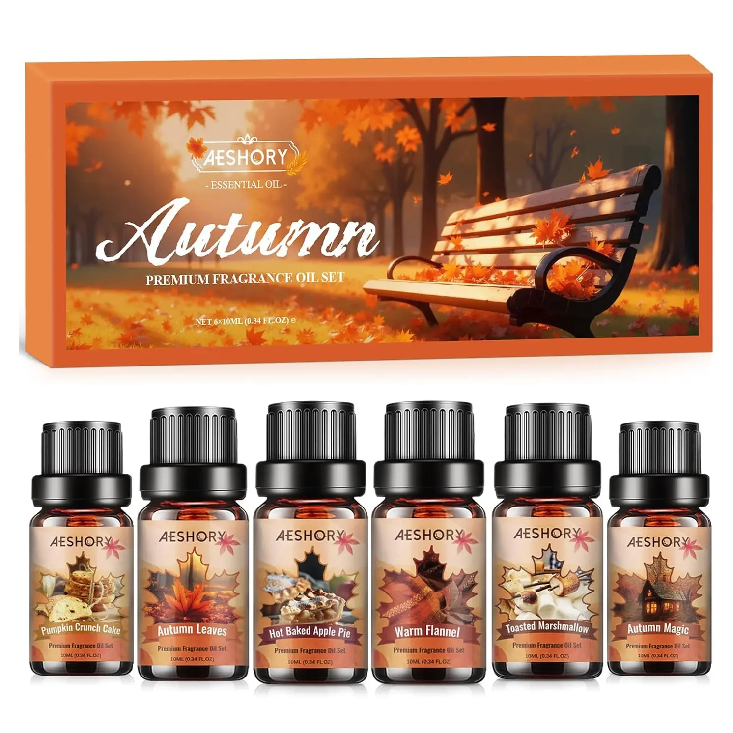 Autumn Essential Oils Set, 6 Premium Fall Fragrance Oils for Diffuser for Home, Aromatherapy Oils for Pumpkin Crunch Cake, Apple Pie, Flannel, Marshmallow, Magic,Leaves Scents for Soap Candle Making
