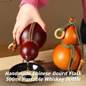 Heritage Handmade Natural Gourd Whiskey Flask Bottle Portable Camping Hiking Travel Drinking Flask with Strap Unique Gift
