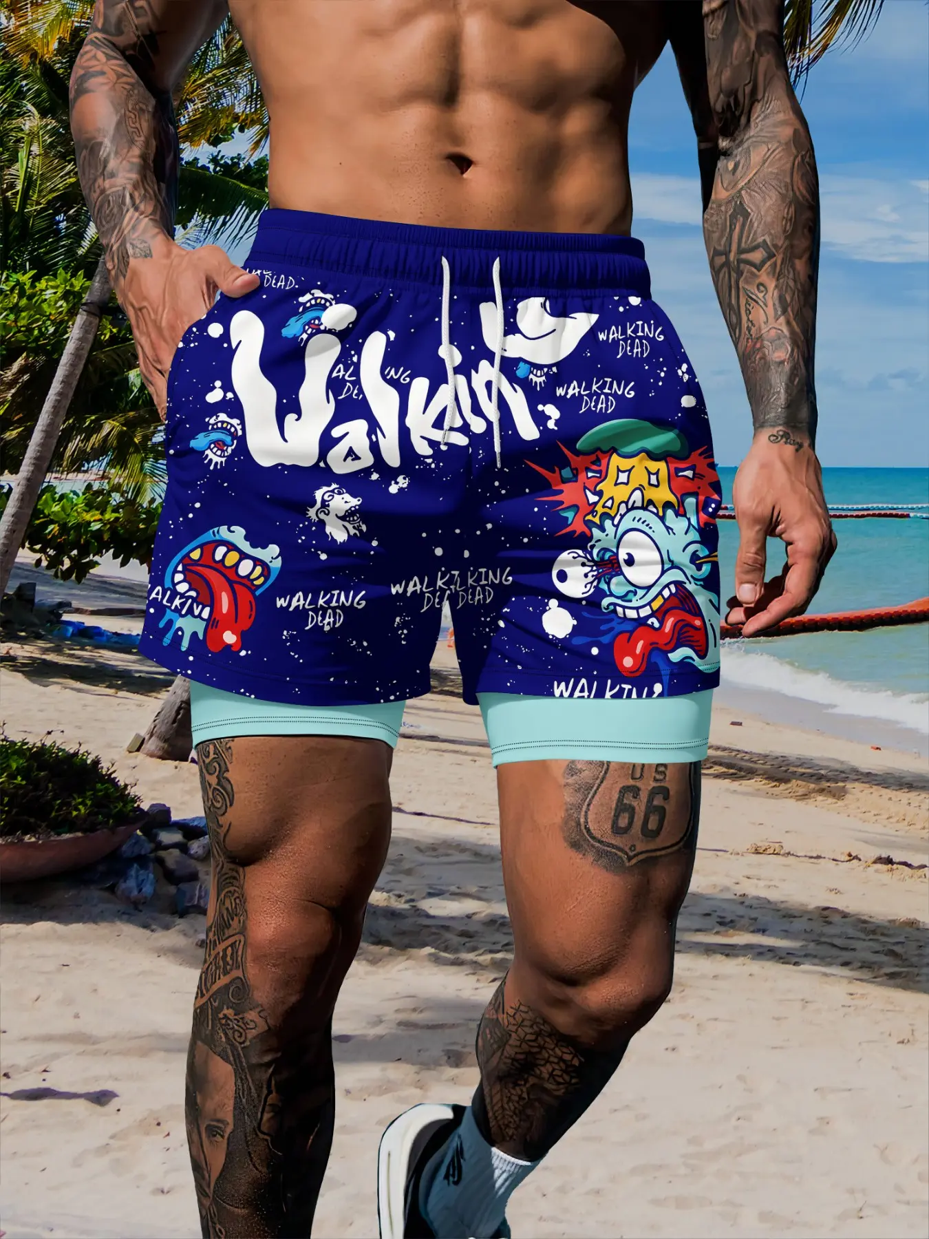 Graffiti Cartoon Print Double-Layer Beach Shorts, Swimwear Shorts, Trendy Cool Anti-Chafe Men's Quick-Dry Summer Swim Trunks, Fitted Drawstring Waist, Printed Swim Trunks