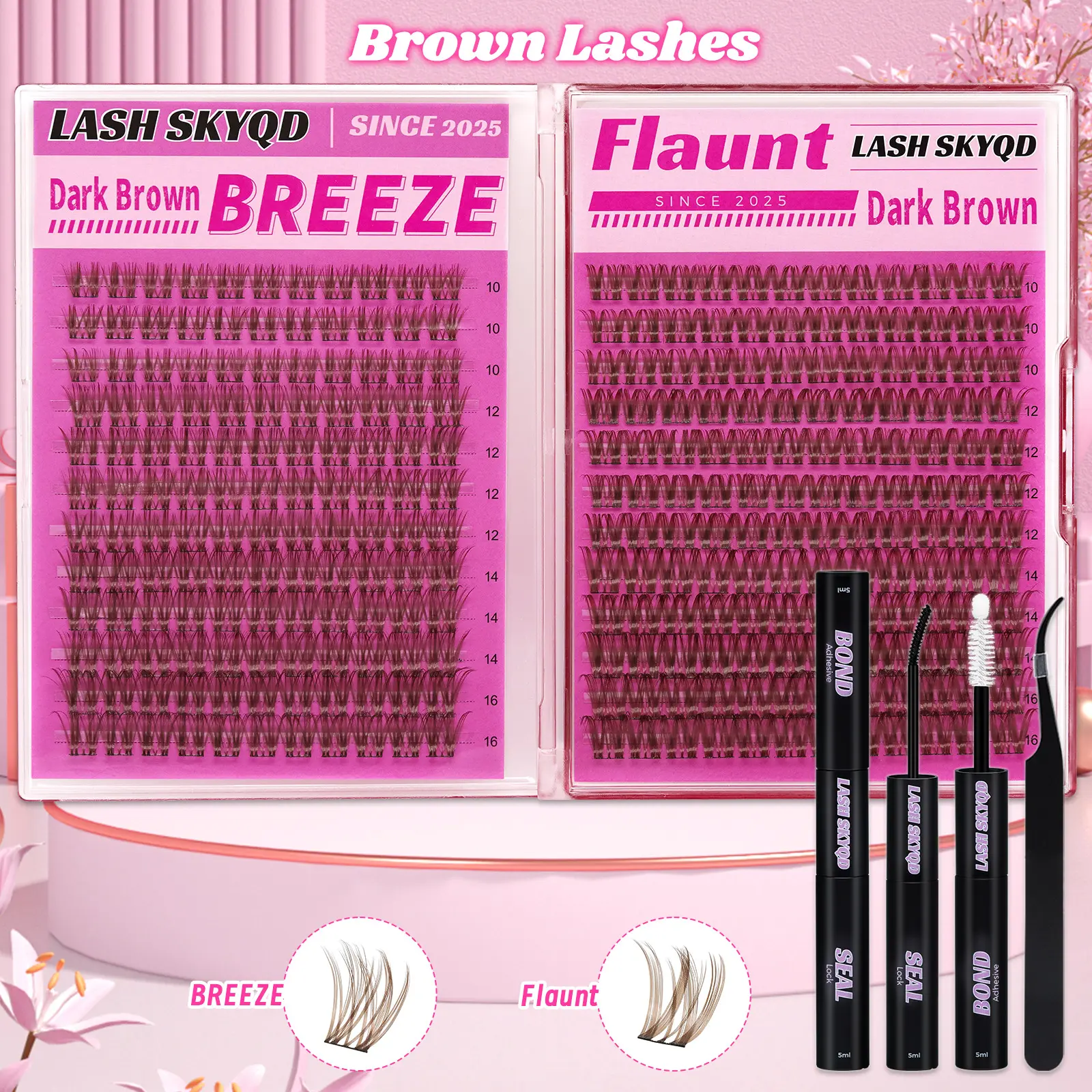 LASH SKYQD 276pcs D Curl BREEZE & Flaunt Brown False Eyelash Cluster Kit, Mix 10-16mm Wispy Cluster Eyelash Extensions Kit With Lash Bond and Seal and Tweezers, Perfect for Beginners & Proficient, DIY at Home Easily, Easy Apply for Makeup Daily