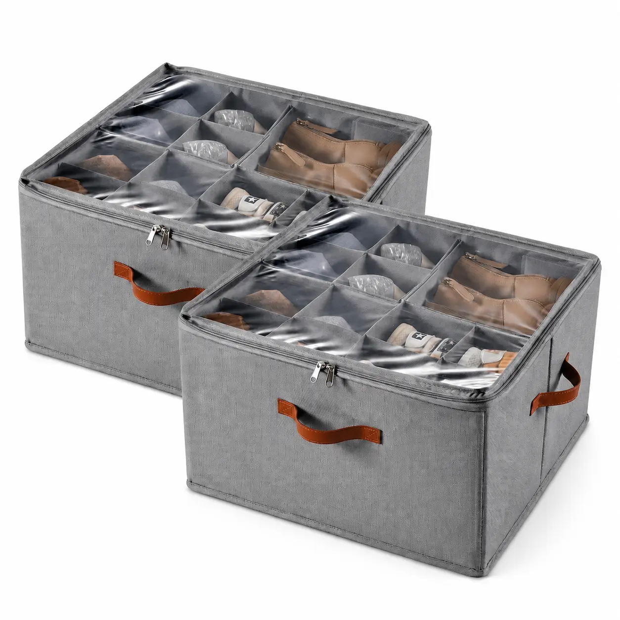 2 Pack Foldable Shoe Organizer Boxes for Closet, Clear Top Shoe Storage Bins with Adjustable Dividers, Zipper Lids & Reinforced Handles, Space Saving Sneaker and Heel Storage for Bedroom, Dorm Room, Under Bed, Back to School, Summer Sale Deals