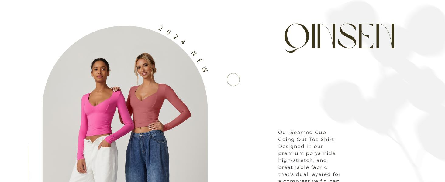QINSEN V Neck Tops for Women Long Sleeve Crop Tops Double Lined Seamed Cup T Shirts