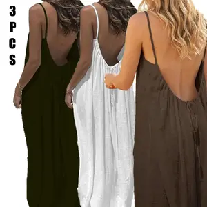2/3 Pcs Women's Solid Color Backless Cami Dress, Casual Sleeveless Dress for Summer, Ladies Clothes for Beach Holiday Vacation