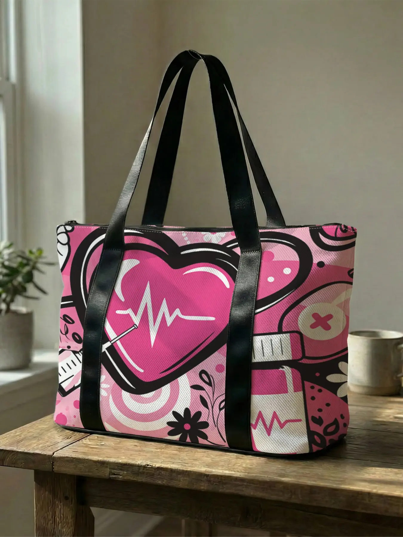 1-Piece Large Capacity Medical Themed Graphic Handbag, Portable Overnight Bag, Fashionable Travel Tote Bag, Yoga Gym Shoulder Bag, Perfect Gift for Nurses