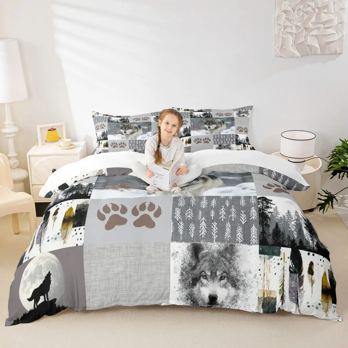 Wolf Duvet Cover Set,Wolf Paws Print Pine Trees Wild Adventure Bedding Set,Adults Room Decor,Geometric Plaids Patchwork Comforter Cover,Rustic Quilt Cover,Pillowcases