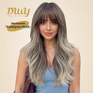 Katelynn PLUS - NEW! DWY Free Part Large Area Scalp Long-length Wave Gery Gradient Brown Layer-cuts Glueless Synthetic Wig for Women 22Inches with Ultra-Large Realistic Scalp Technology & Imported Mixed Hair for High Shine and Resilience