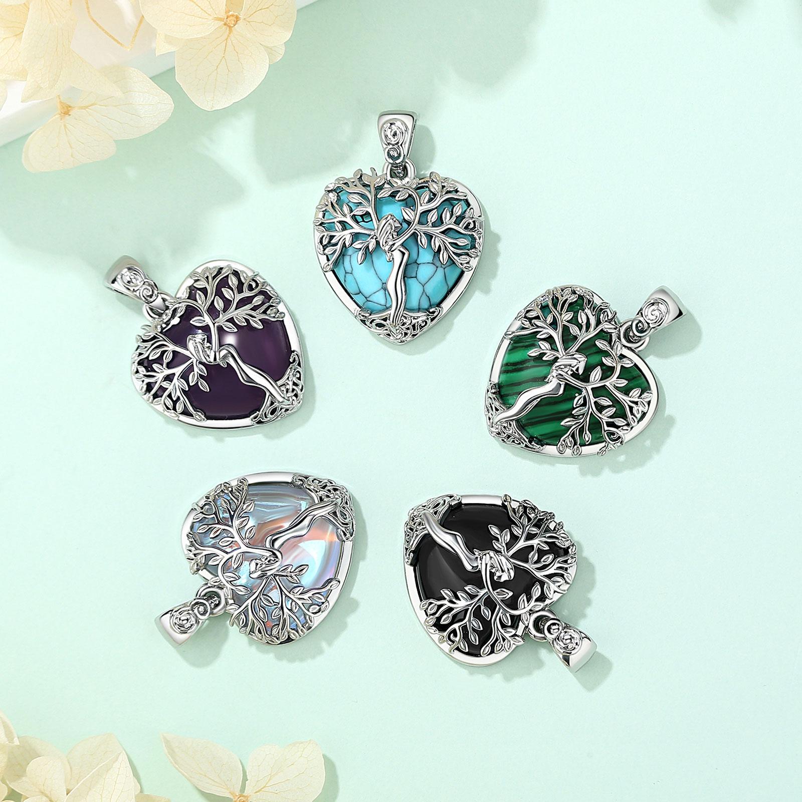 Eudora Tree of Life Tear Drop Necklace Healing Crystal Heart Pendant Goddess Amulet Jewelry with Amethyst Turquoise, Spiritual Protection Gift for Her