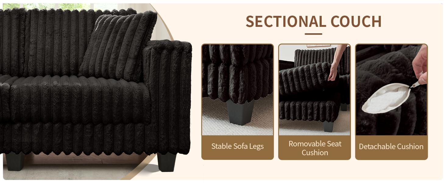 【2 Packages Shipping】Giratree 137" Plush Corduroy Cloud Velvet Modular Couch with Chaise, No Assembly Required L-V-U Shaped Sectional Sofa Set with Flexible Configuration