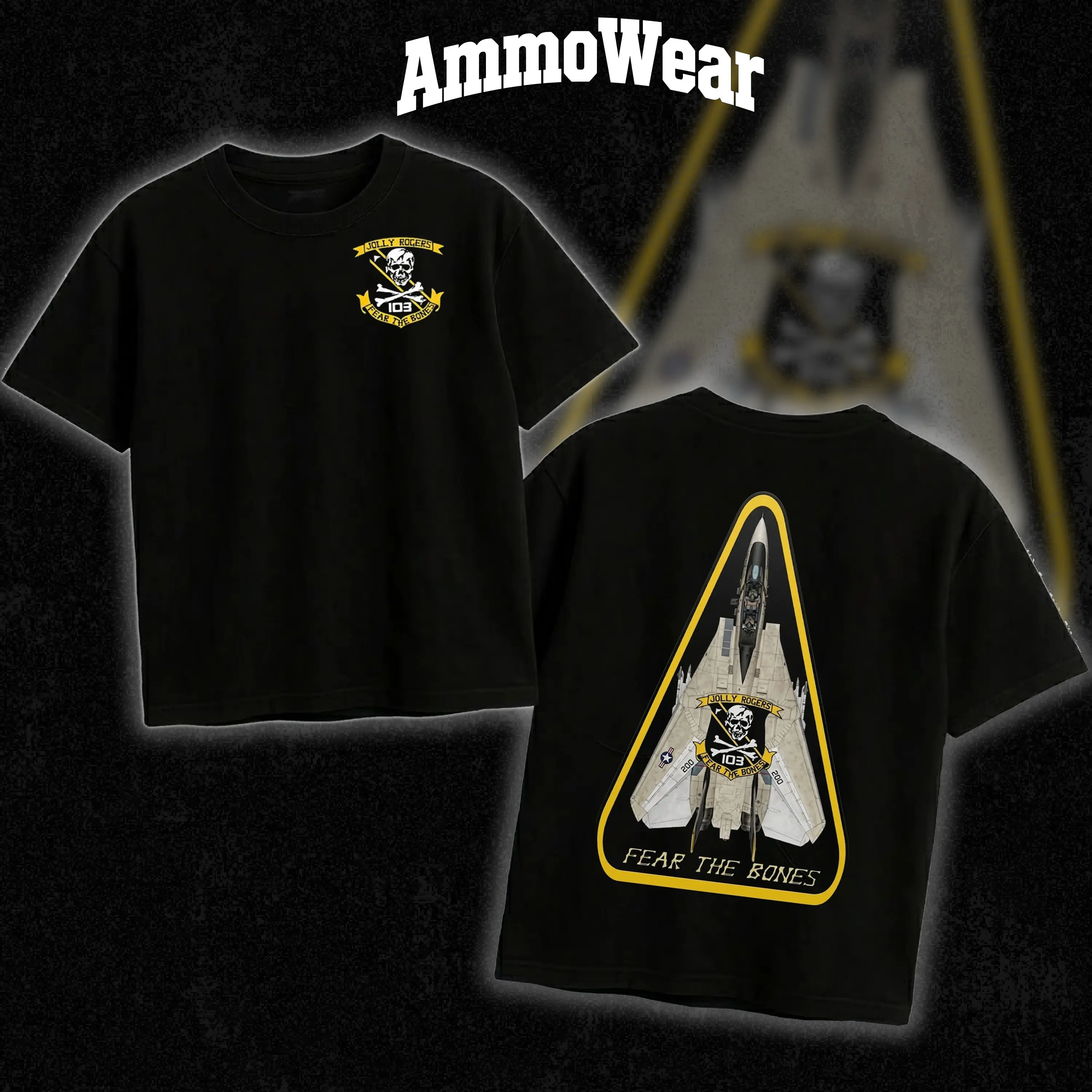 Jolly Rogers VF-103 Graphic Tee for Men, US Navy Strike Fighter Squadron T-Shirt, F-14 Tomcat Aviation Apparel, Fear The Bones Military Veteran Top, Casual Black Short Sleeve Everyday Mens Shirt, Tactical Streetwear
