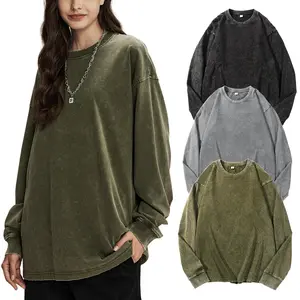 Oversized T-Shirts for Women Cotton Long Sleeve Vintage Acid Wash Baggy T Shirts
