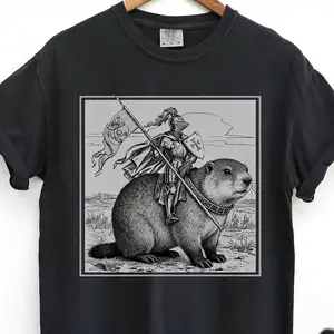 Marmot Knight Art Graphic T-shirt, Black Cotton Unisex Streetwear, Unique Humor Top, Vintage Medieval Knight Meme  Tees For Daily Wear, Cool Renaissance Fair Gifts