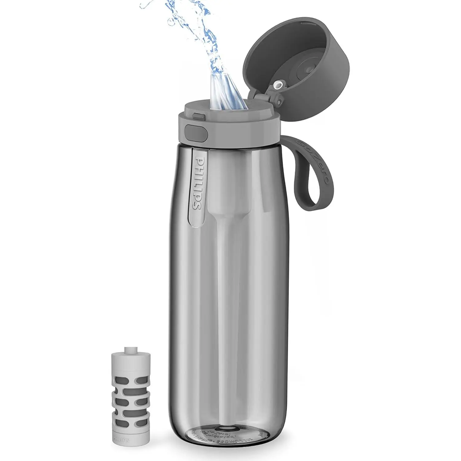 PHILIPS Filtered Water Bottle, BPA-Free Tritan Plastic Water Bottles, Replaces 450 Plastic Water Bottle with Reusable GoZero Everyday Water Filter, Portable Filtering Bottle for Travel, 22 oz, Grey