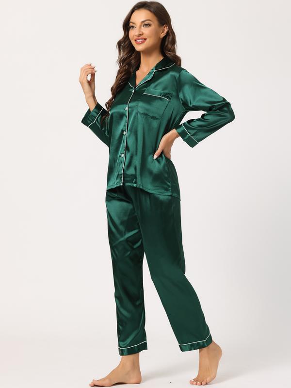 INSPIRE CHIC Satin Night Suits Sleepwear Button Down with Pants Silky Lounge Sets Dark Green