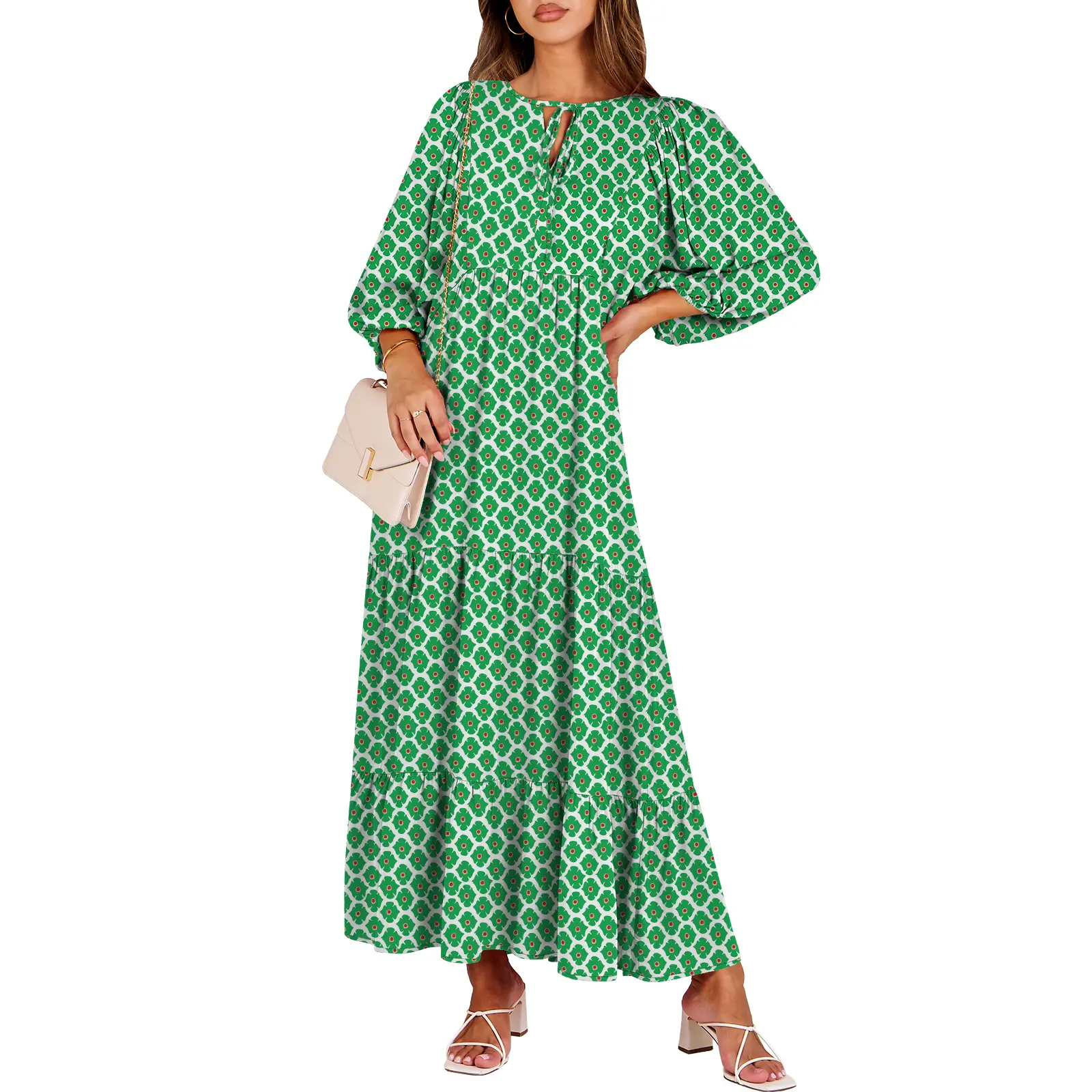 ANRABESS Womens Boho Maxi Dresses 2026 Summer V Neck Puff Sleeve Floral Flowy Swing Casual vacation Long Dress Boho Sundress Plus size Maxidresses Outdoor Womenswear