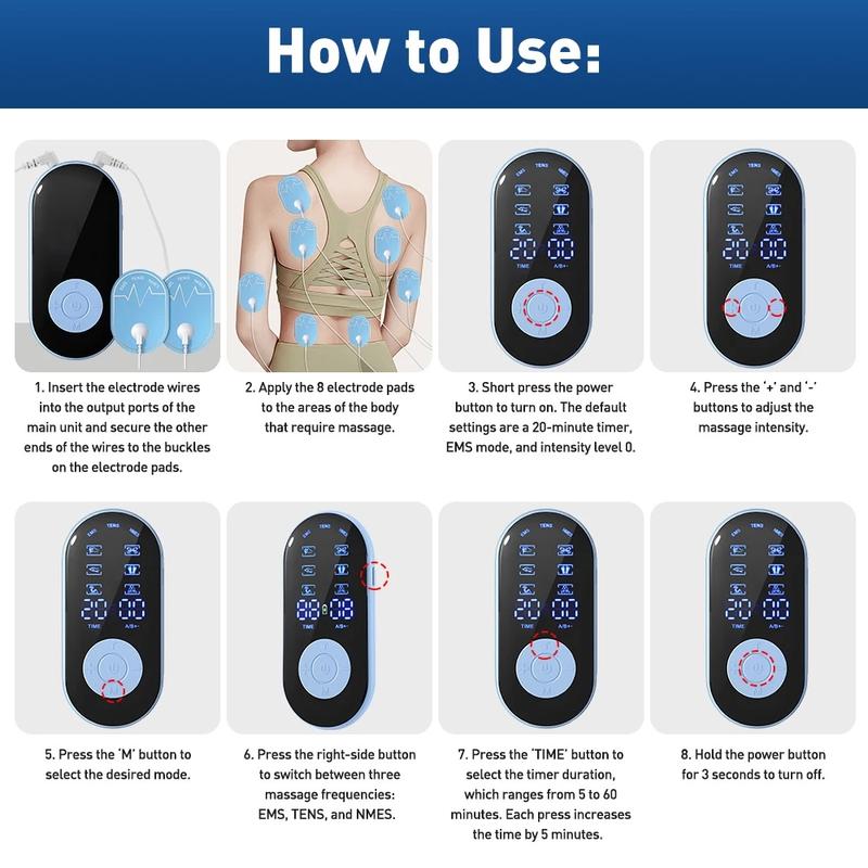 All-Round Muscle Relaxation, Long-Lasting 40-Hour Battery, Body Pulse Massager Portable Electric Stimulators 6 Timed Modes and 10 Massage Patterns with Reusable 8 or 4 Pads TENS EMS Unit for Back, Shoulder, Neck, Sciatica Massage, for Daily Comfort