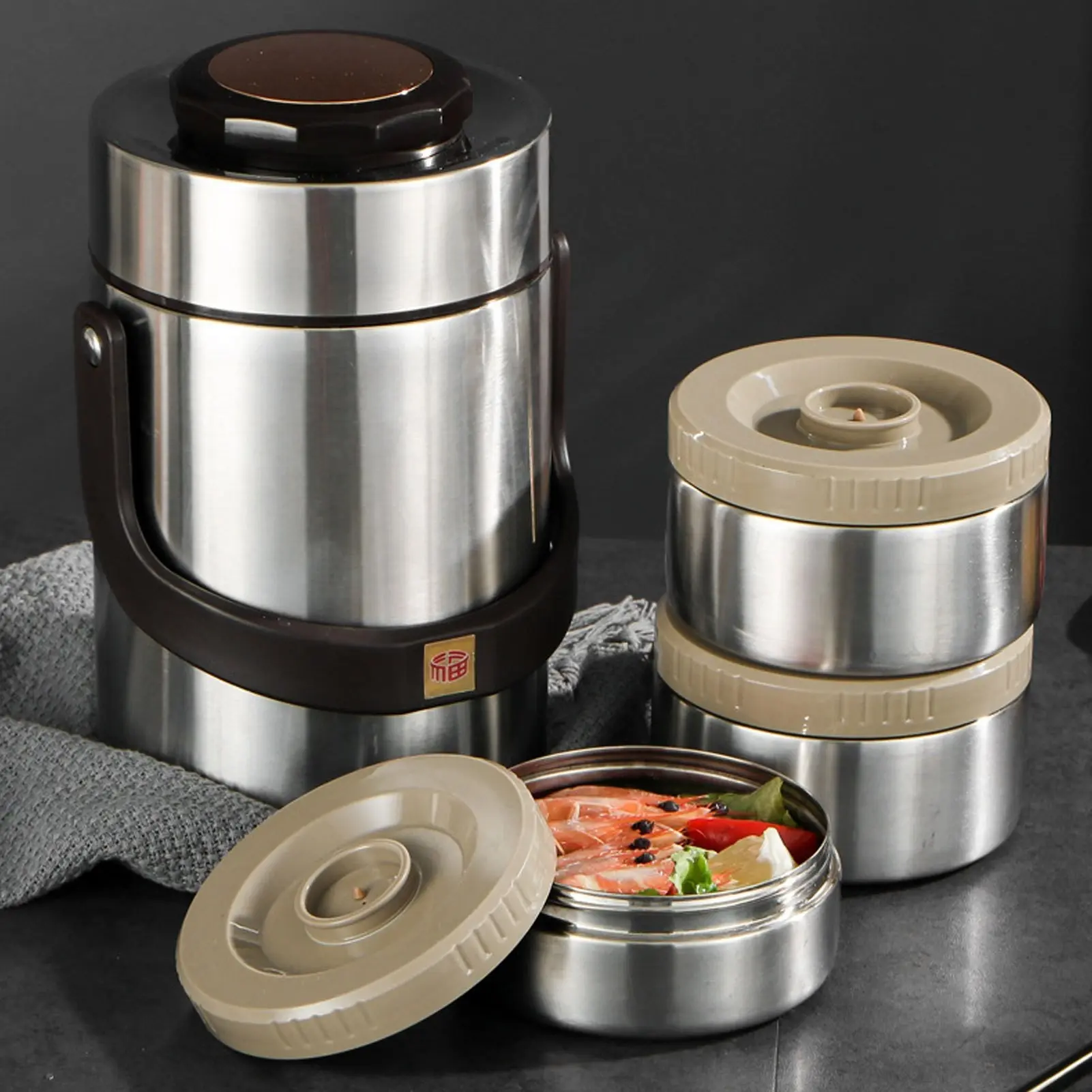 2L Stainless Steel Insulated Portable Lunch Box Set, Includes 3 Thermal Containers for Food & 1 Bucket, Leak-Proof Reusable Food Storage