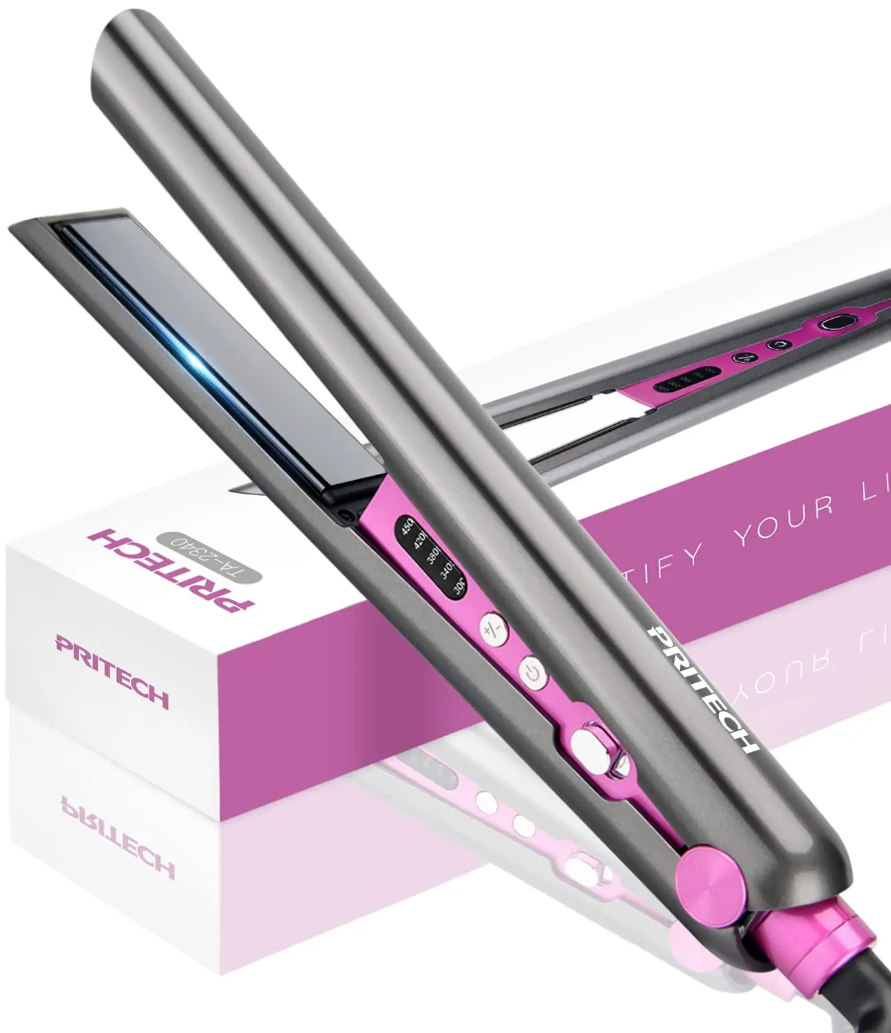 PRITECH Ceramic Flat Iron (TA-2340) - 1 in Hair Straightener & Curling Iron, Adjustable Temperature, Fast Heat Up, Auto Shut-Off, Dual Voltage, Safety Lock, 450°F Max