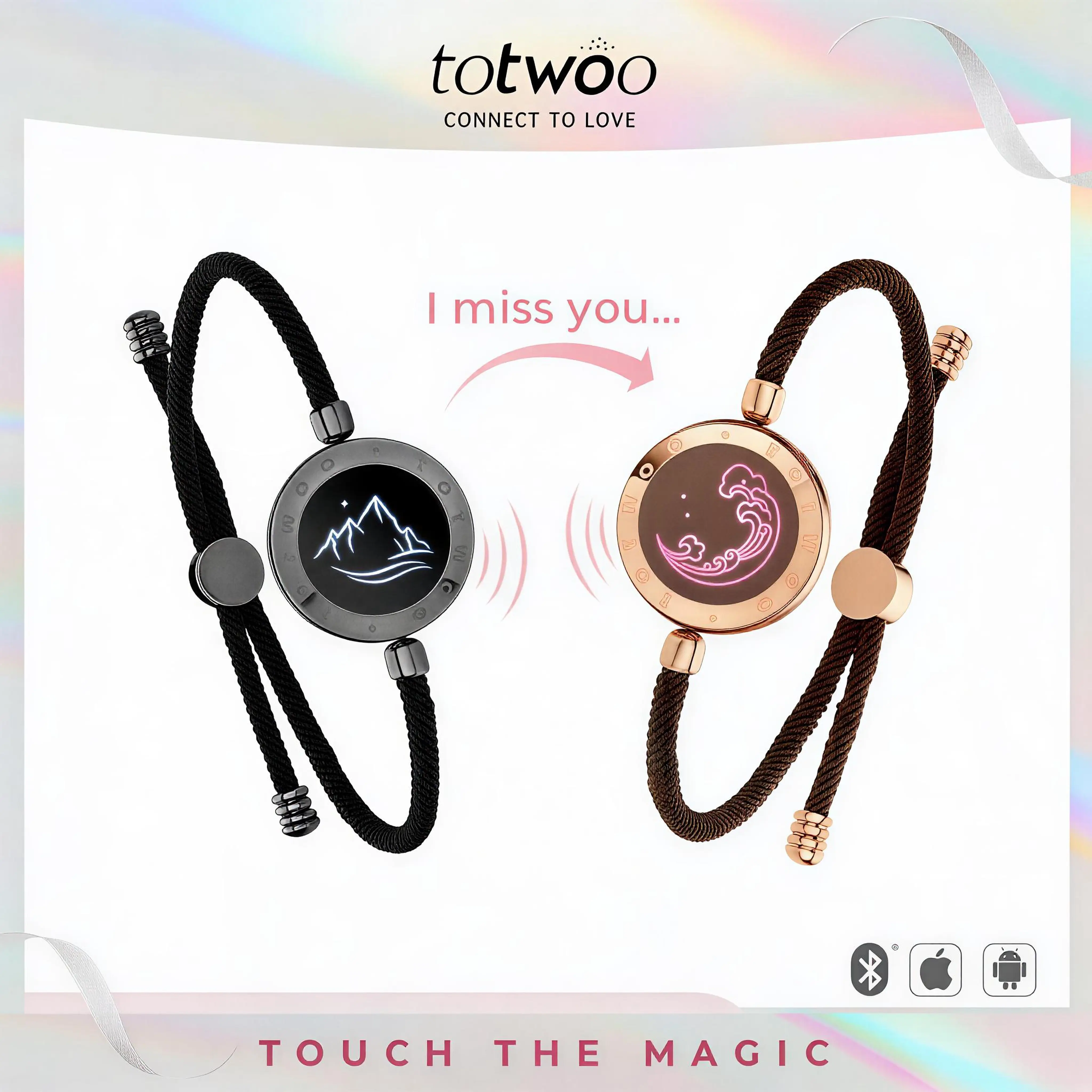 【Creative Gifts】totwoo Mountain&Sea Long …Distance Touch Bracelets Functional Love Connect Gift For Boyfriend or Girlfriend or your Famil, Romantic Gift, Bluetooth Chip, Sun Moon Engraved