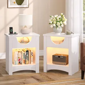 Bestier Nightstands Set of 2 with Charging Station, Modern LED End Table Bedside Table with Drawer for Bedroom, Living Room