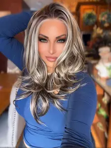 MACA BAKA Iris Silver Ash Dark Brown Highlight Ombre Lace Front Wig with Scandinavian Hairline Low Density 16 Inches Long Natural Wavy Salt and Pepper Brown HD Synthetic Lace Front Wigs for Women Pre Plucked