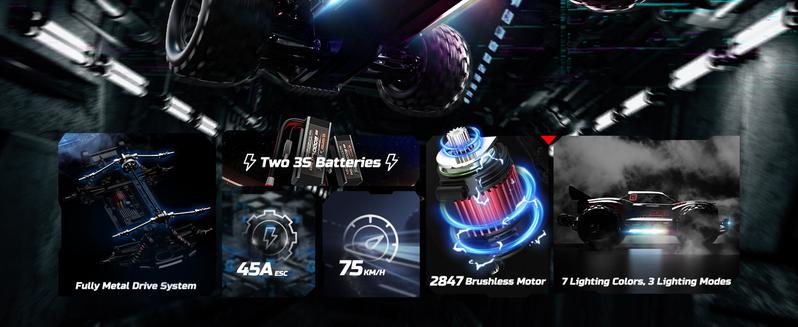 DEERC 1:14 Fast Brushless RC Car, 46+ MPH Off-Road 4WD Truck, 2*3S Lipo High-Speed RC Truggy, 7 Lighting Modes, All-Terrain for Snow, Sand & Mud