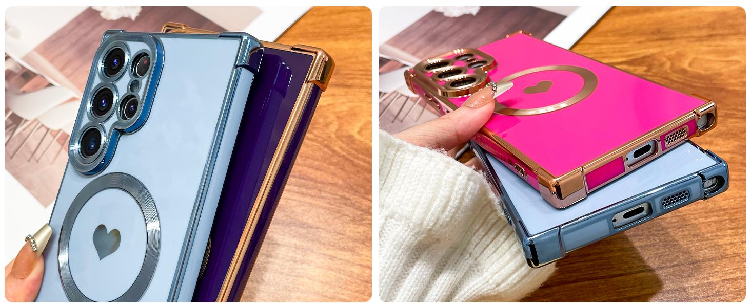 For S26 Ultra S25 Ultra S24 Ultra - Heart Silicone Square Case with Built-in Lens Protector, Magnetic Electroplated Shockproof Soft Cover, Stylish Design Perfect  for Girls Women, Protects from Scratches and Drops special christmas