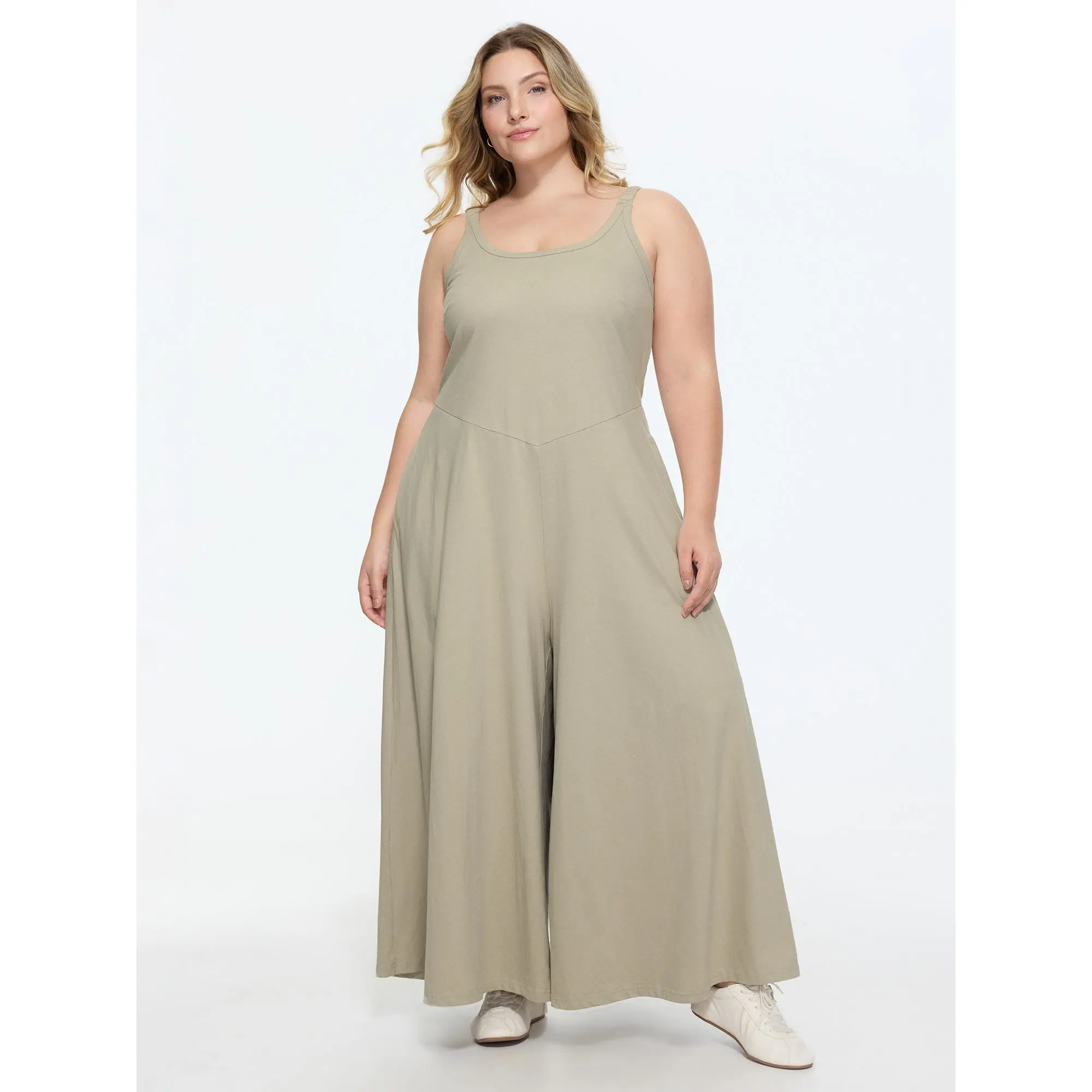 BLOOMCHIC Women's Plus Size Basic Cotton Sleeveless Wide-Leg Jumpsuit Garment [M-6X] with Pocket, Flattering Fit, Summer Overalls, Lady, Fabric, Casual, Multi-Size, Wide-Leg Pants, 14-16/1X, 18-20/2X, Plus Size Clothes, Casual Wear