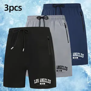 Men's 3-Count Urban-Inspired Plain Menswear Shorts Set, Iconic "LOS ANGELES CITY OF ANGELS" Text Design, Elastic Waistbands for Casual Outings, Light Activities