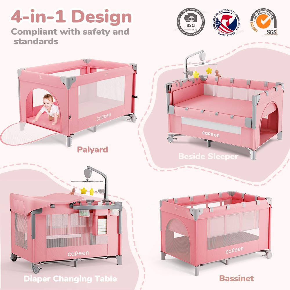 CAVEEN 5 in 1 Baby Playard, WIth Baby Bassinet, Portable Bedside Sleeper Baby Crib, with Removable Changing Station & Storage Organizer, Pink