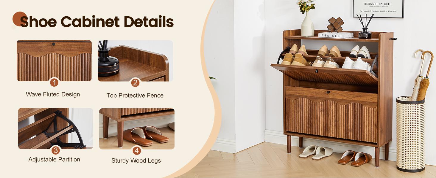 Giratree Wooden Fluted Shoe Cabinet with 2/3/4 Flip Drawers, Stylish Narrow Shoe Storage Organizer with Wave Design, Freestanding Entryway Shoe Rack for Hallway, Living Room