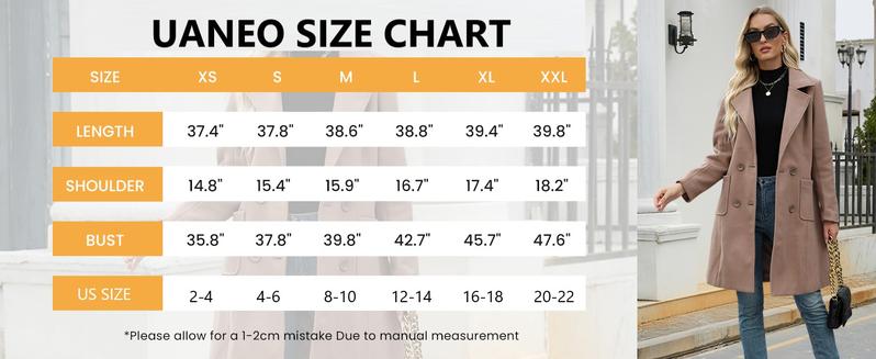 UANEO Women Winter Wool Blend Camel Mid-Long Coat Notch Double-Breasted Lapel Jacket Outwear