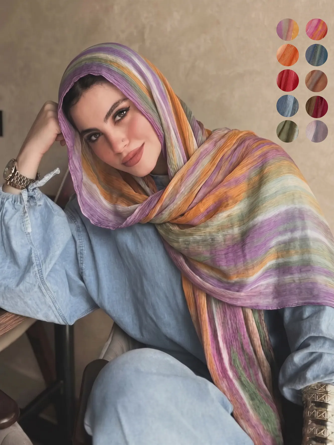 Wrinkled Modal Hijab for Women, Elegant Tie-Dye Gradient Print Scarf for Casual All-Season Wear, All Seasons, Everyday, Scarf Style, Elegant Look, Year-Round, Polyester