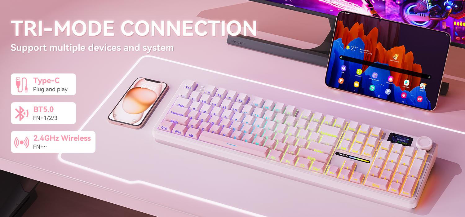 AULA F108 PRO，Full Size Wireless Gasket-mounted Gaming Keyboard with Screen and Knob Smart Screen NumPad Tri-Mode RGB Backlit Hot SwappableCustomize Keyboard E-Sports Office ComputerAccessories