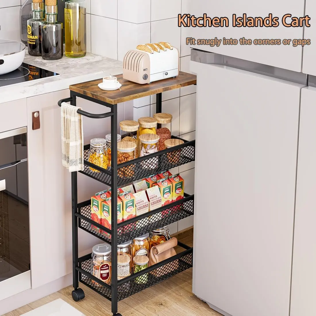 Slim Rolling Cart, 4-Tier Narrow Storage Cart with Handle, Metal Frame with MDF Board Top, for Kitchen, Dining Room, Living Room, Home Office, Rustic Black and Classic