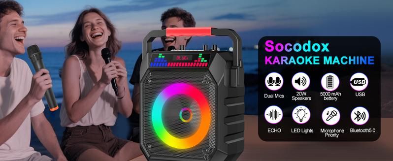 Socodox Karaoke Machine for Adults & Kids Portable Bluetooth 5.2 Speaker with 2 Wireless Microphones RGB Lights AUX USB TF AUX Home PA System for Family Party Outdoor Fun