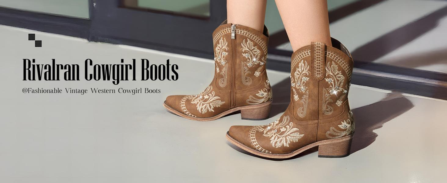 【Rodeo Boots】Pasuvo Women's Western Cowboy Boots – Short Cowgirl Boots with Embroidered Floral Design, Sparkling Chunky Heel & Pointed Toe – Stylish & Comfortable for Rodeo, Country Concerts, Festivals & Daily Wear