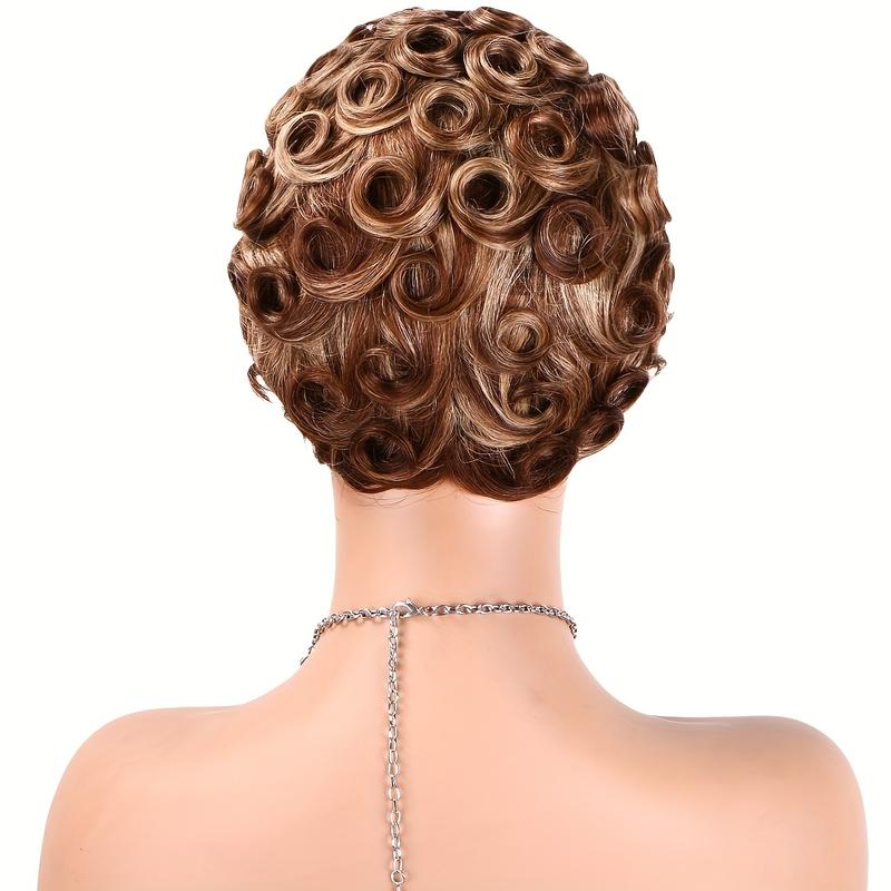 Women's 6" Short Curly Pixie Cut Human Hair Wig with Bangs - 180% Density Natural Brown/Blonde/Red/ - Machine-Made None Lace Front Wig Comfortable & Natural Look for Everyday Parties Formal Events - Easy Maintenance Short Hairstyle