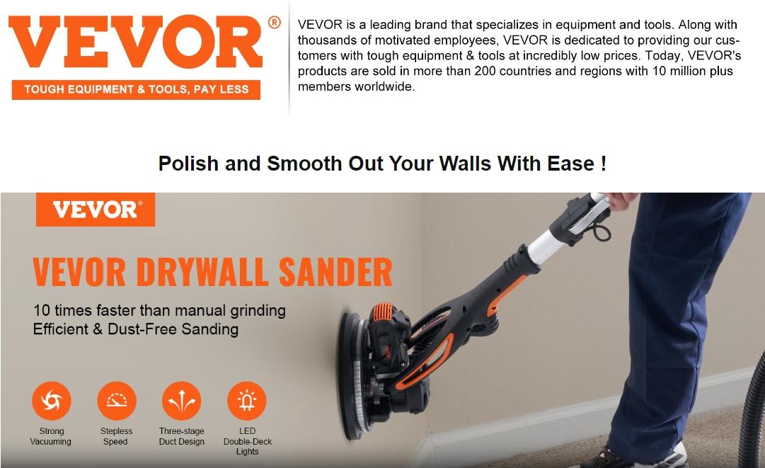VEVOR Electric Drywall Sander, Various specifications, Foldable Handle & Self-Suction, Variable Speed, with LED Strip Light and Vacuum Bag
