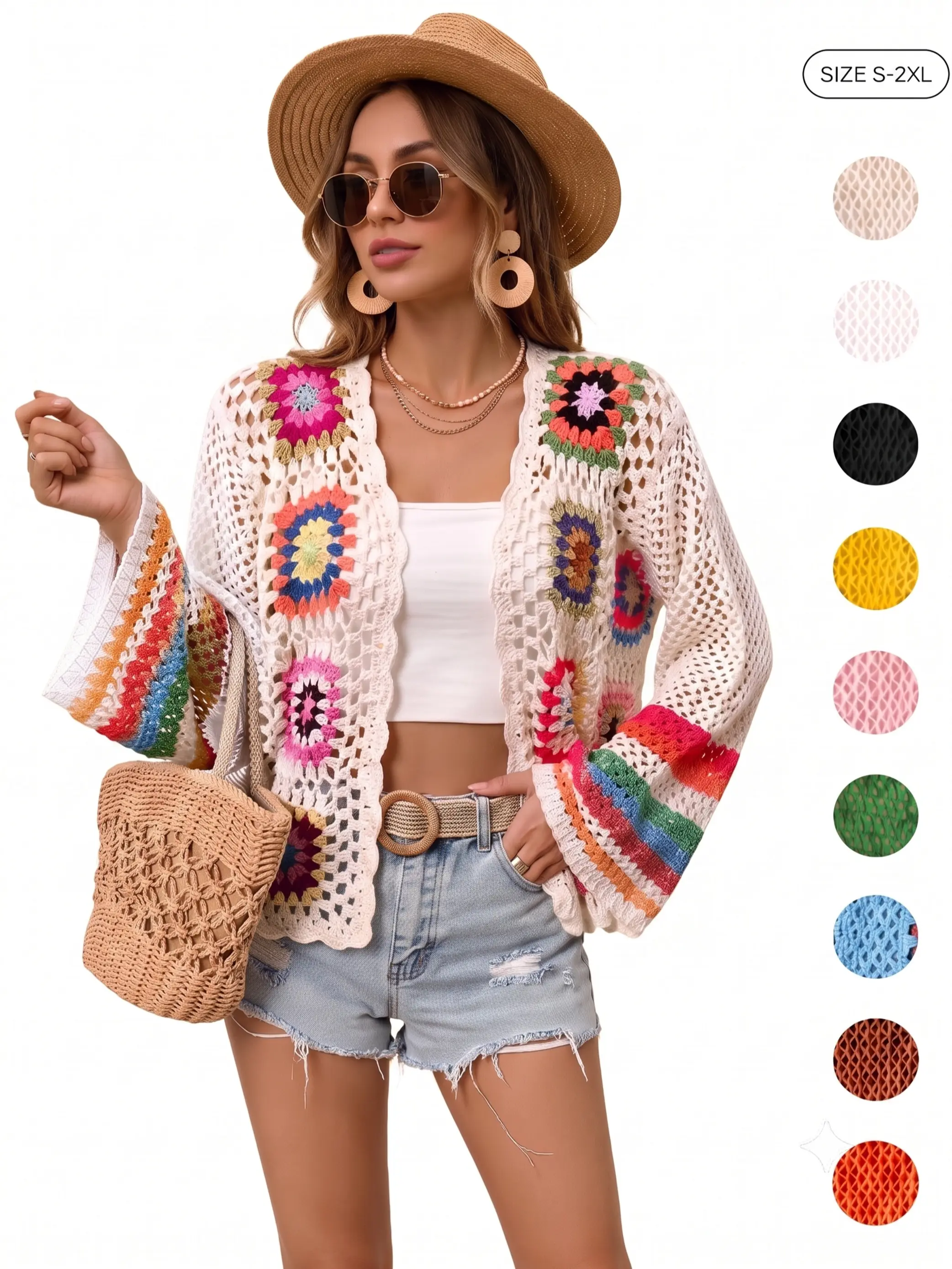 IDEALSANXUN Women's Granny Square Crochet Cardigan, Hippie Boho Open Front Knitwear with Long Sleeves and Belt for Spring Summer, Women's Fashion, Sweater, Top,clothes for back to school,first day of school outfits
