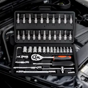 Socket Wrench Set, Essential Tools 46-in-1 Automobile Motorcycle Repair Tool Box, 1/4-inch drive includes bit socket set and extension rod, mechanical tool kit, metric, with storage case, for household and car repair, Valentine's Day Organiser