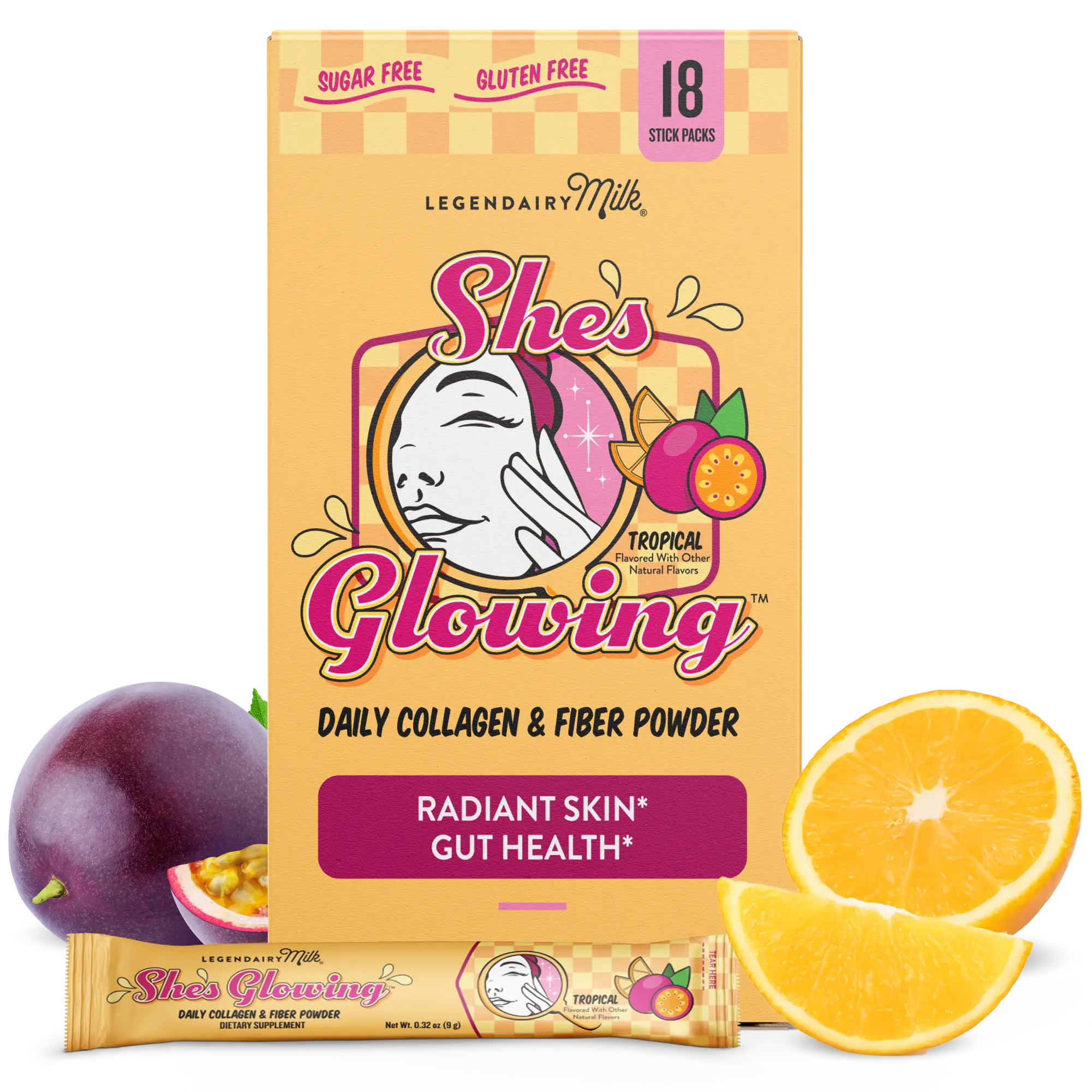 She’s Glowing – Collagen Peptides & Prebiotic Fiber Drink – Fine Lines, Wrinkles & Gut Support – Legendairy Milk – VERISOL Collagen Peptides – Solnul Prebiotic Fiber – 18 Stick Packs