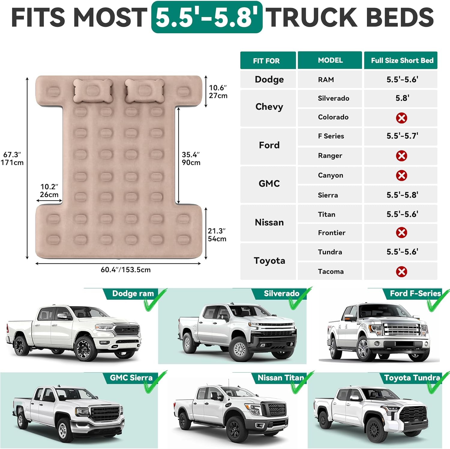 YITAMOTOR Truck Bed Air Mattress for 5.5-5.8 ft Full-Size Short Truck Beds, Inflatable Car Mattress Bed with Pump, Pillows, Carry Bag & Repair Kit for Outdoor, Travel, Camping (Black&Gray,Black&Brown)