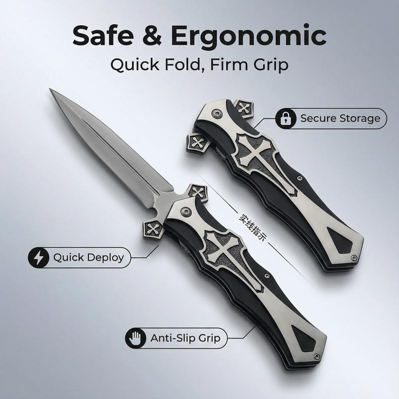 Cross Folding Knife / Black Pocket Knife / Everyday Carry Outdoor Knife