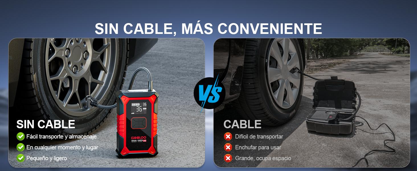 GOOLOO A3 Arrancador de batería con compresor de aire, 3000 A portátil de batería de coche (9,0 gasolina/6,5 L diésel) con inflador de neumáticos de apagado automático de 150 PSI, caja de salto de litio supersegura de 12V, arrancador de batería de coche