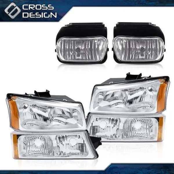 CROSSDESIGN Chrome Automotive Headlamps - Complete Set with Amber Signal, OE Fitment Car Lighting for 03-07 Chevy Silverado, Avalanche (Cab Lights Compatible Fog & Auxiliary Lights Replacement)