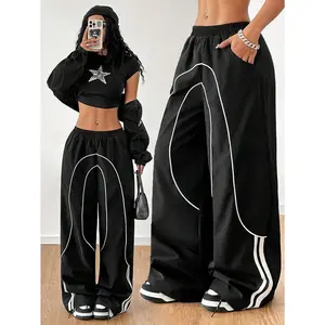 Girls Back To School Athleisure Woven Tape Black Wide Leg Sweatpants Joggers