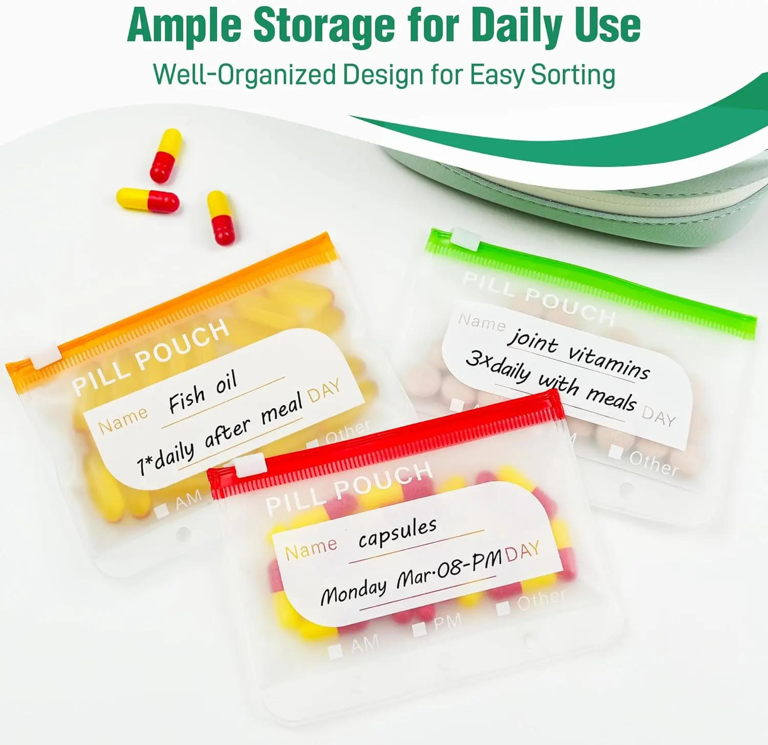 A8 Waterproof Pill Pouch Set, Large Weekly Pill Organizer with 14 Color-Coded Medicine Pouches, Reusable Travel Medicine Organizer, Zippered Pill Storage for Fish Oils, Vitamins