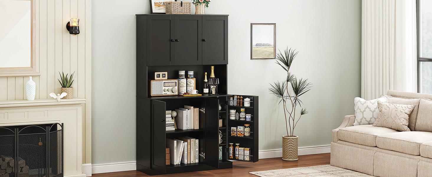 【SPOTLIGHT DAY】ONBRILL 71" Tall Kitchen Pantry Storage Cabinet with Microwave Stand & Door Shelf, Freestanding Kitchen Hutch with 6 Doors and Adjustable Shelves, Modern Food Pantry for Kitchen, Dining Room